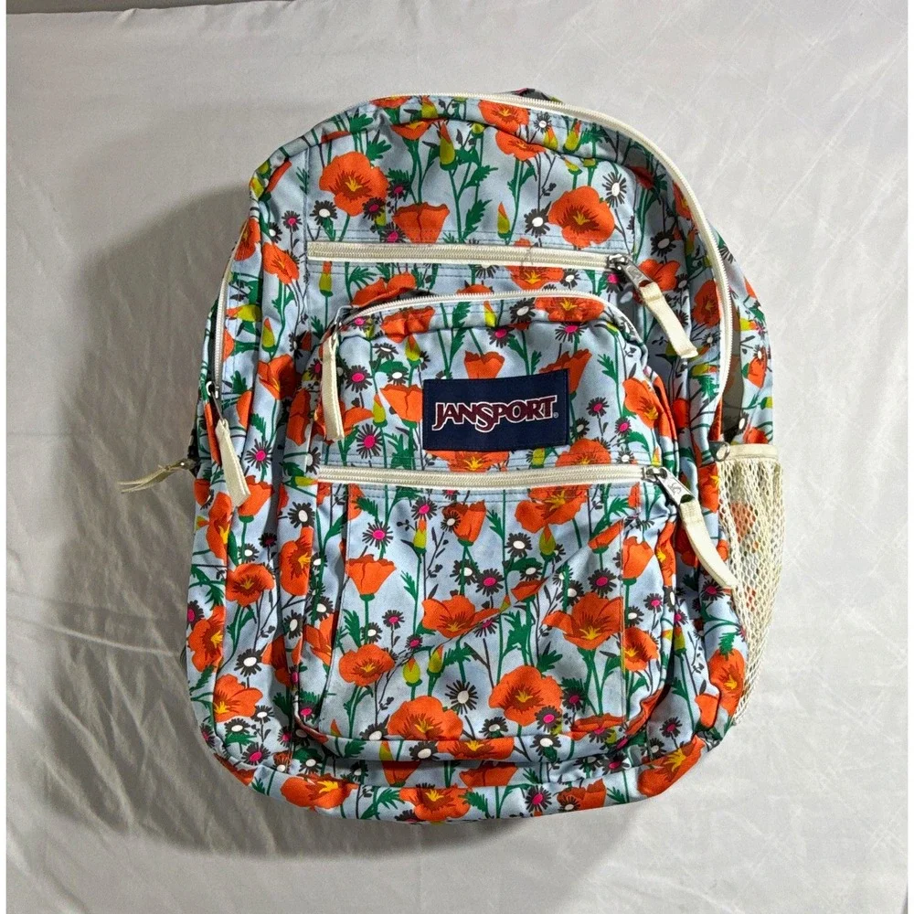 JanSport Floral Backpack Gray/Orange Bottle Pocket Zip Adjustable Straps